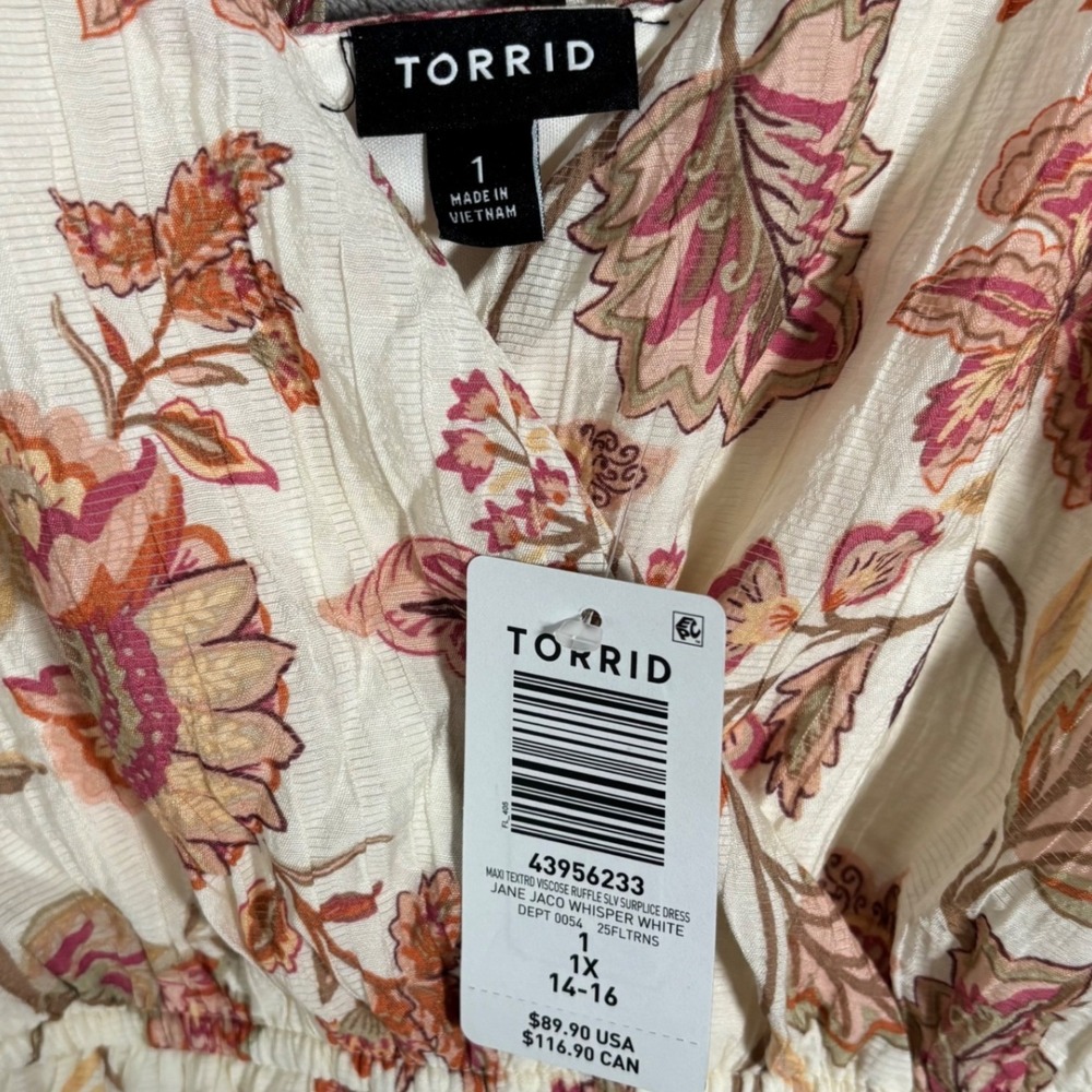 Torrid‎ Jane Jaco Whisper Cream Floral Maxi Dress Ruffle Surplice 1X 14-16 NEW - Picture 3 of 15